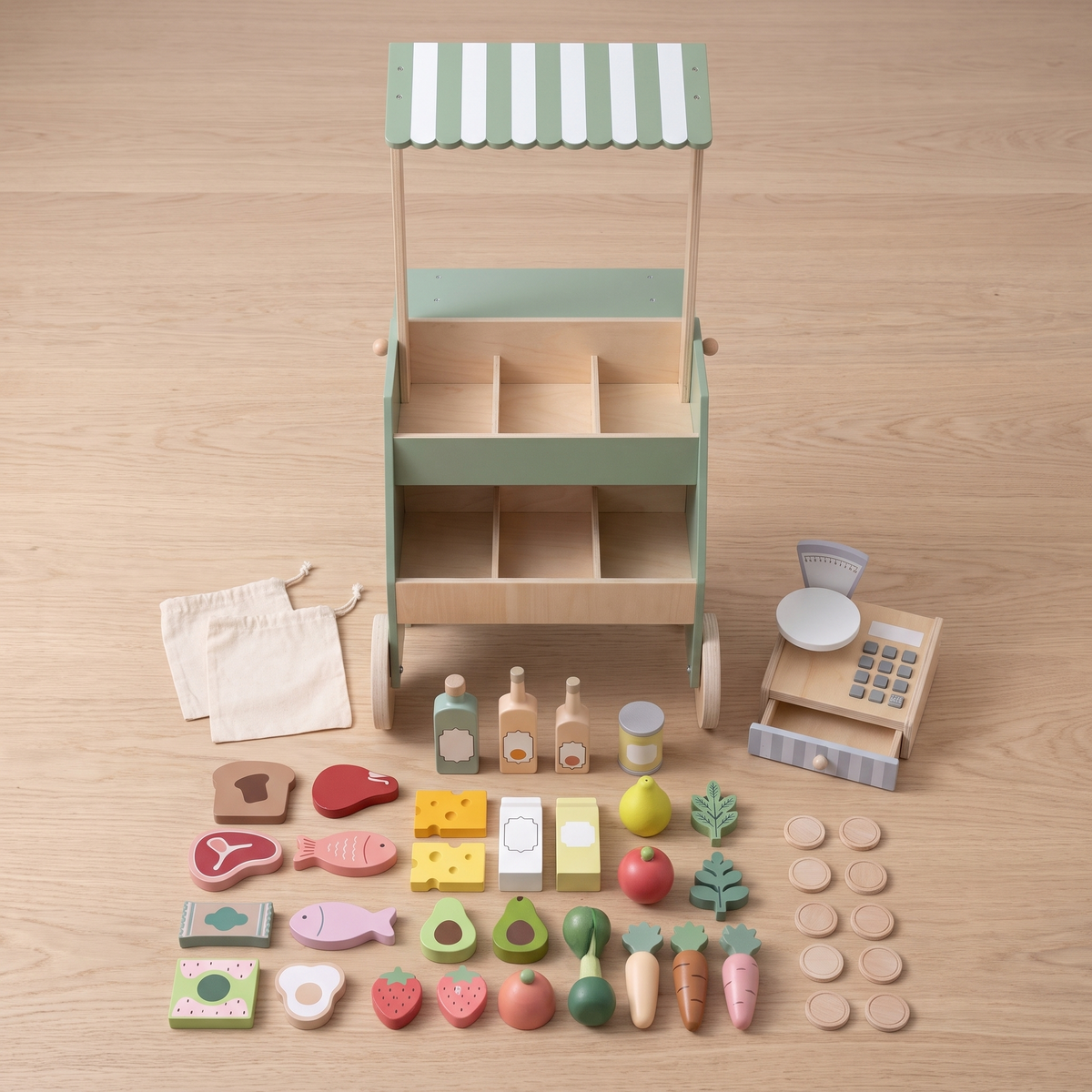 Little Teekie Wooden Market Stall | 78cm Tall, Scales, Till and 28 Food Pieces – what's included