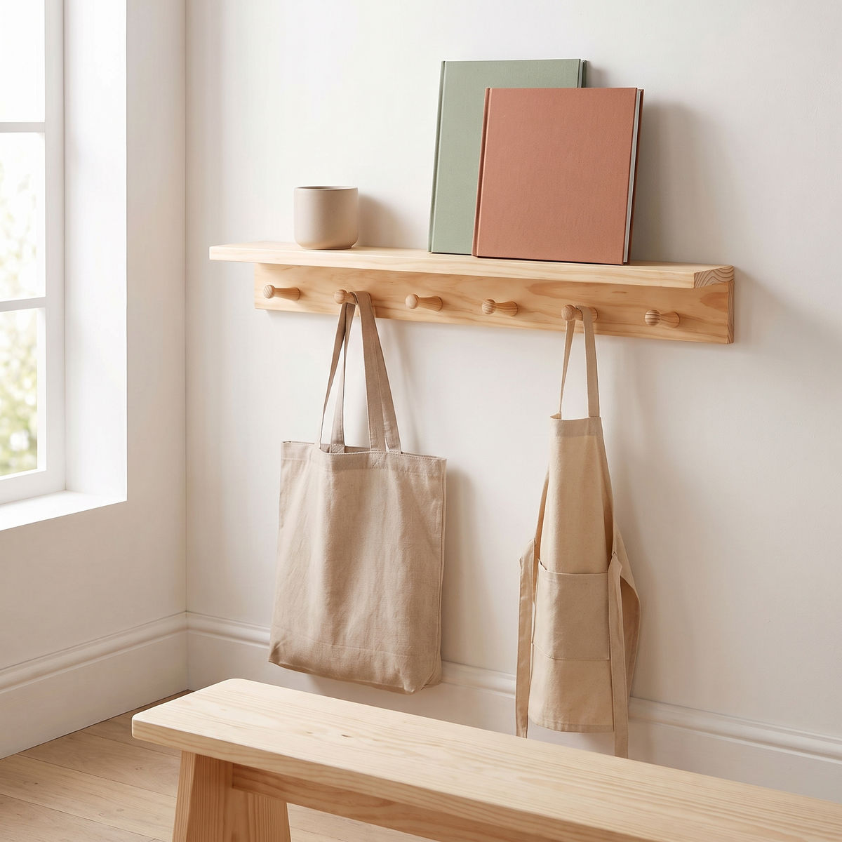 Little Teekie Kids Nursery Shelf with Coat Hooks | Wall-Mounted 60cm, 6 Pegs – Pine – styled in the home