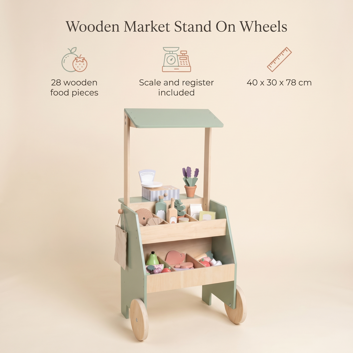 Little Teekie Wooden Market Stall | 78cm Tall, Scales, Till and 28 Food Pieces – key features