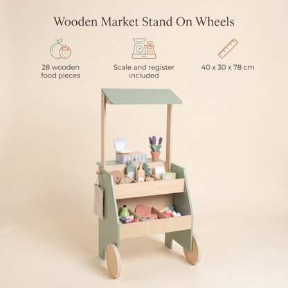 Little Teekie Wooden Market Stall | 78cm Tall, Scales, Till and 28 Food Pieces – key features