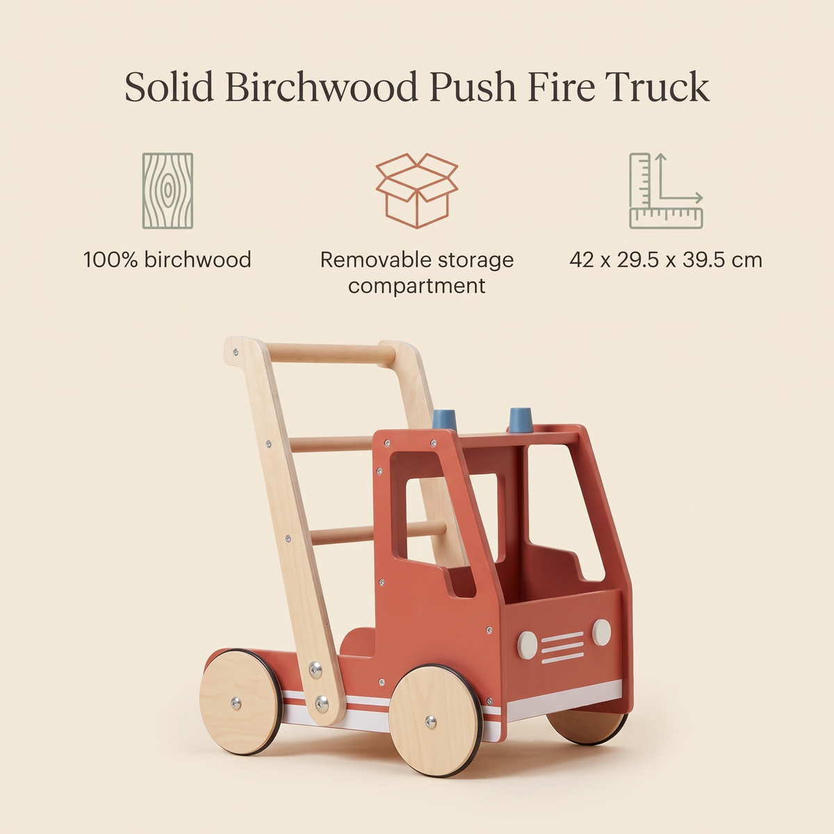 Little Teekie Wooden Fire Truck Push Walker | Birchwood, Storage Box, 24 Months+ – key features