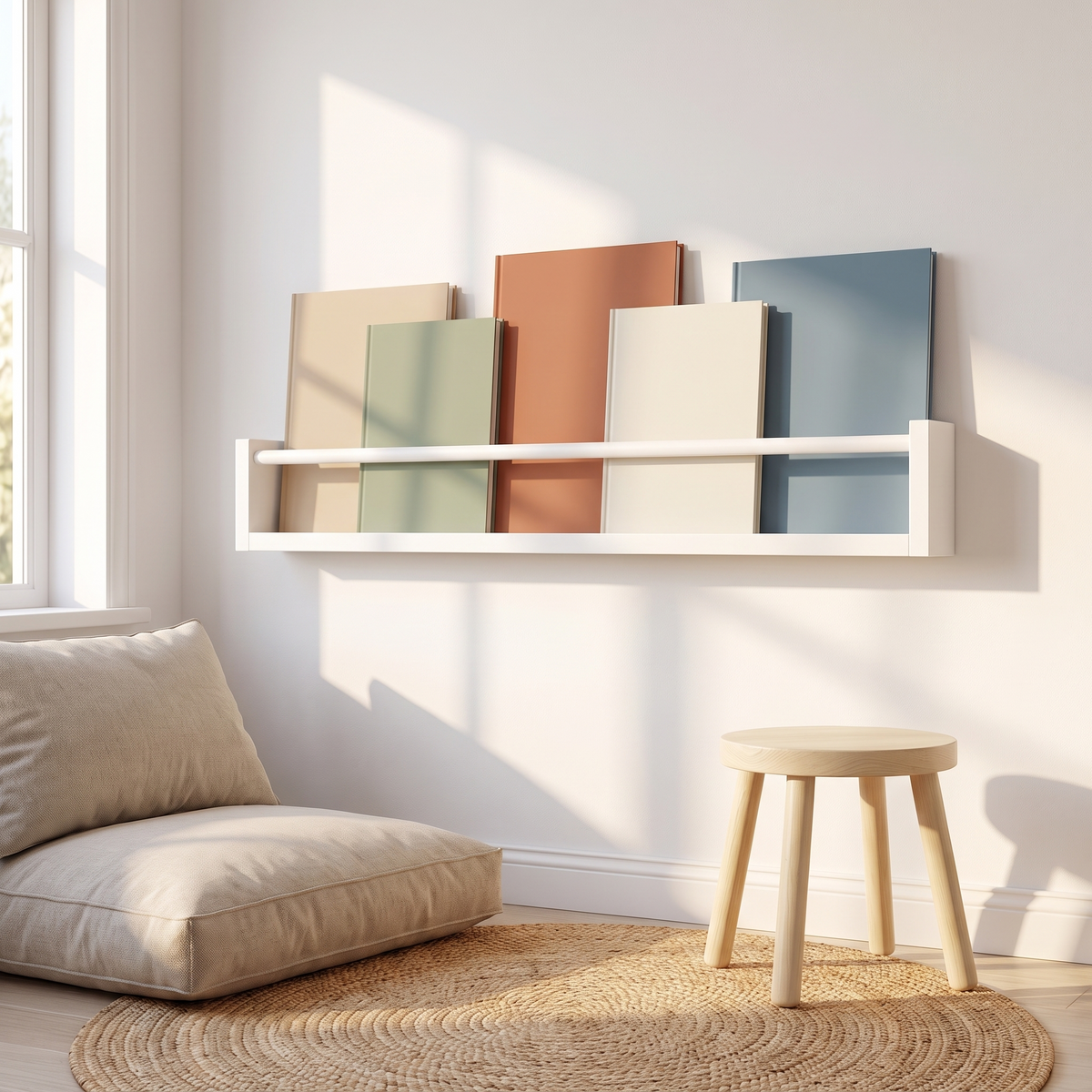 Little Teekie Front-Facing Kids Book Rack | Wall-Mounted Pine, Low-VOC Enamel – All White – styled in the home
