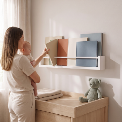 Little Teekie Front-Facing Kids Book Rack | Wall-Mounted Pine, Low-VOC Enamel – All White – in use, shows scale