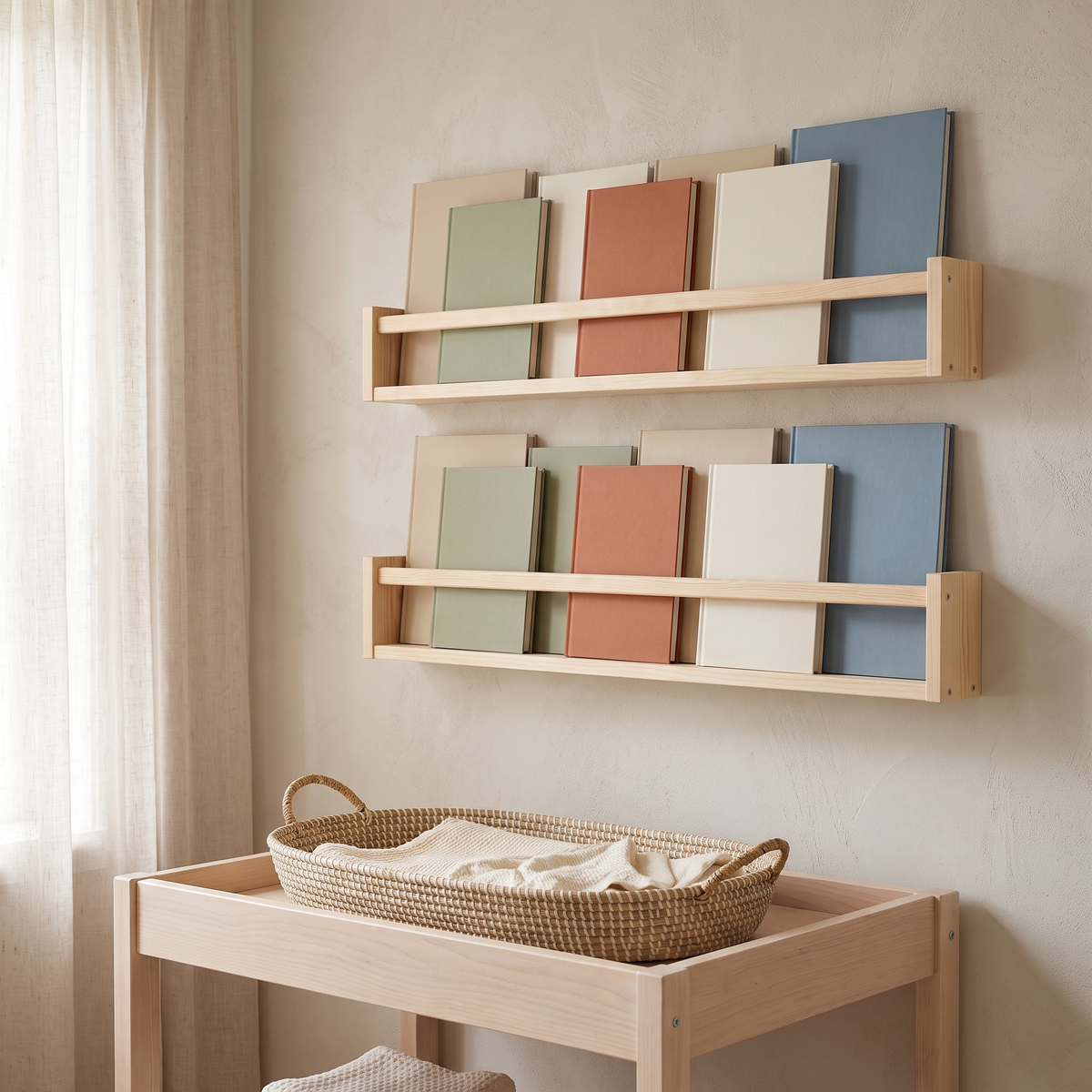 Little Teekie Front-Facing Book Rack with Flat Peg | Wall-Mounted Pine, 4.3cm Depth – Raw Pine – styled in the home