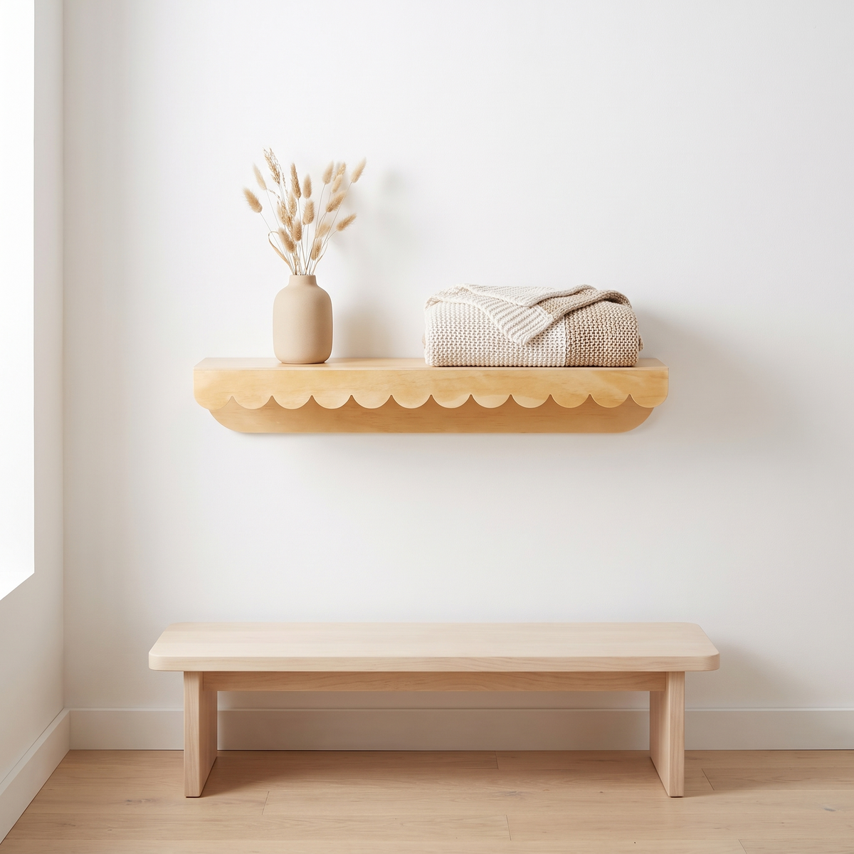 Little Teekie Scalloped Floating Wall Shelf | 60 x 12 x 10 cm Plywood – Natural Wood – styled in the home