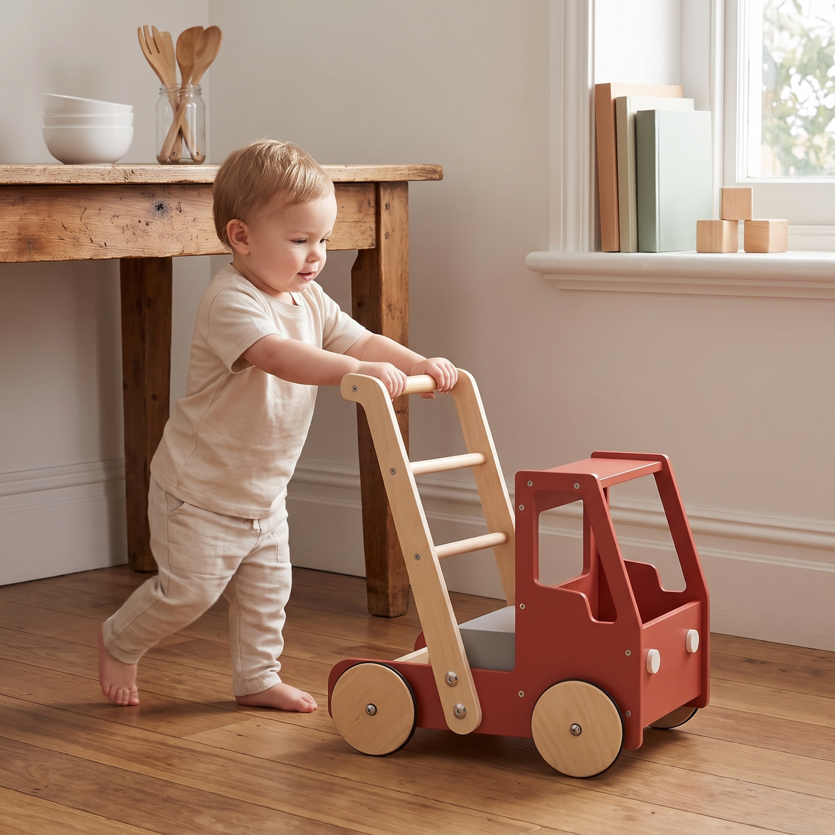 Little Teekie Wooden Fire Truck Push Walker | Birchwood, Storage Box, 24 Months+ – in use, shows scale