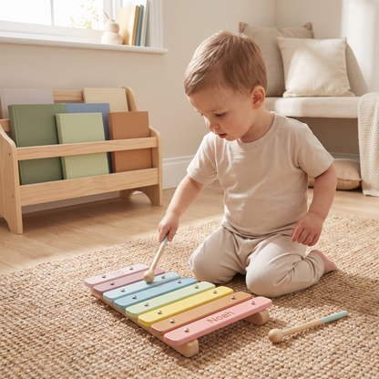 Little Teekie Personalised Wooden Xylophone | Two Beaters, Name Detail – Pastel Multicolour – in use, shows scale