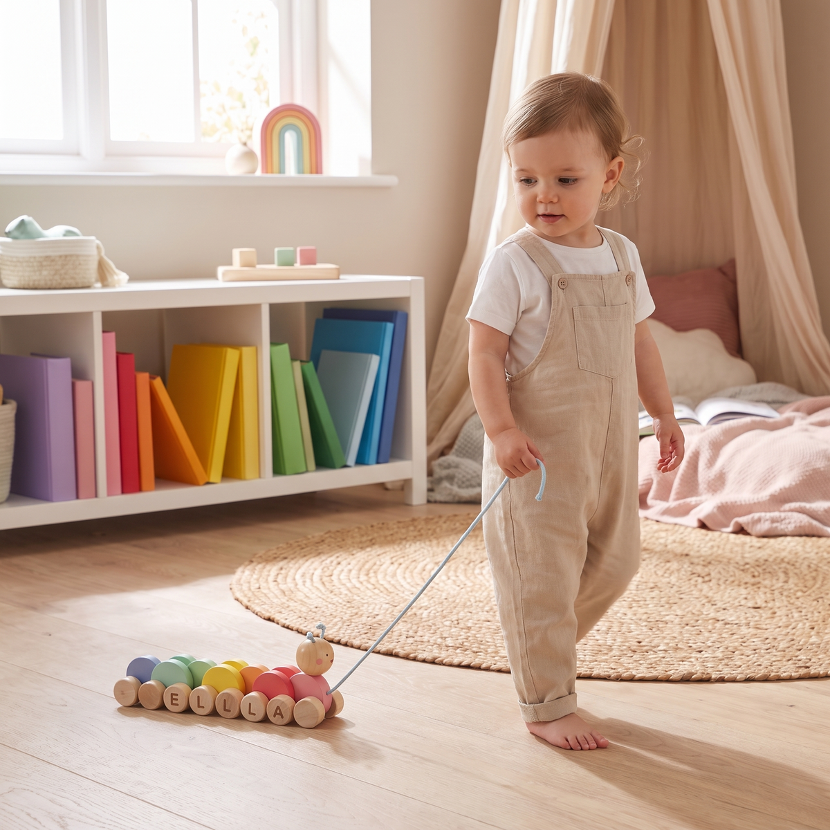 Little Teekie Personalised Wooden Pull Along Caterpillar | Engraved Name, Cherry Wood – Rainbow – in use, shows scale