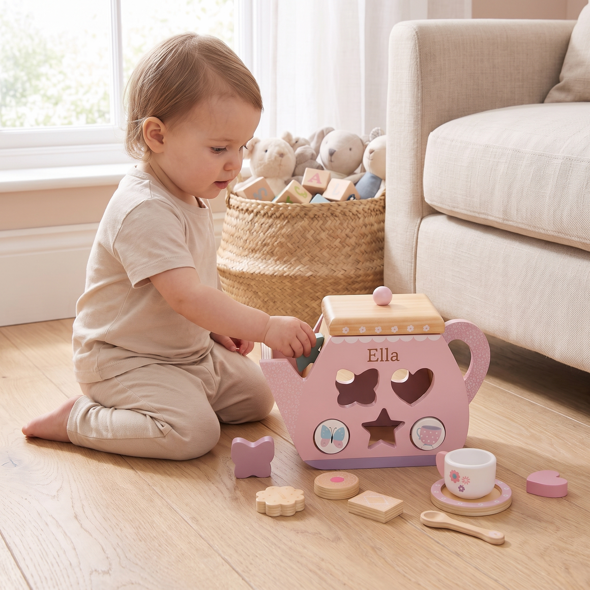 Little Teekie Personalised Wooden Teapot Shape Sorter | Printed Name, Tea Playset – Pink – in use, shows scale