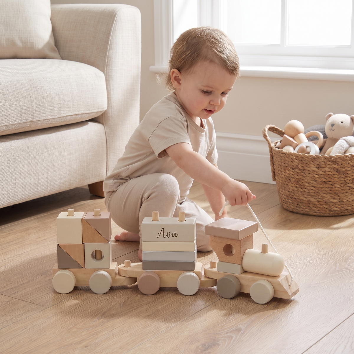 Little Teekie Personalised Wooden Pull Along Train | Stacking Shapes, Name Detail – Neutral – in use, shows scale