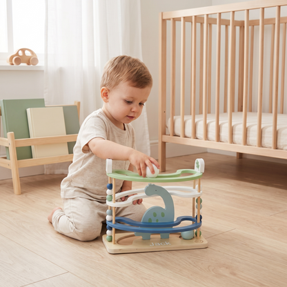 Little Teekie Personalised Wooden Dino Ball Runner | Name Detail, 31cm Four-Storey – Green – in use, shows scale
