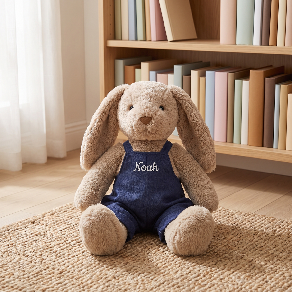 Little Teekie Personalised Bunny Soft Toy | Embroidered Name on Overalls, Plush – Navy Blue – lifestyle