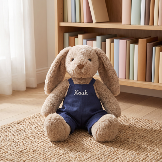 Little Teekie Personalised Bunny Soft Toy | Embroidered Name on Overalls, Plush – Navy Blue – lifestyle