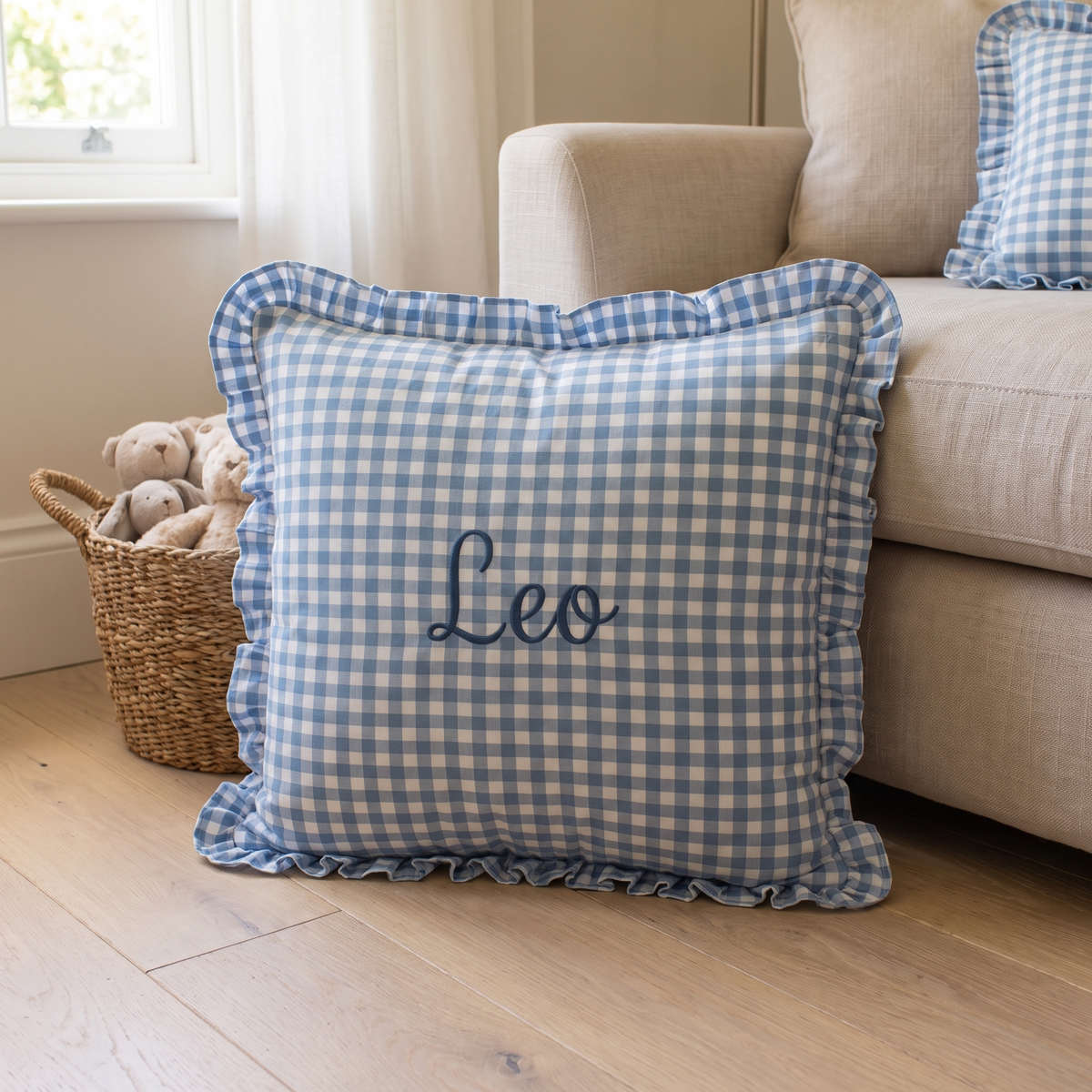 Little Teekie Personalised Gingham Ruffle Cushion Cover | Embroidered Name, 55 x 35cm – Blue – lifestyle