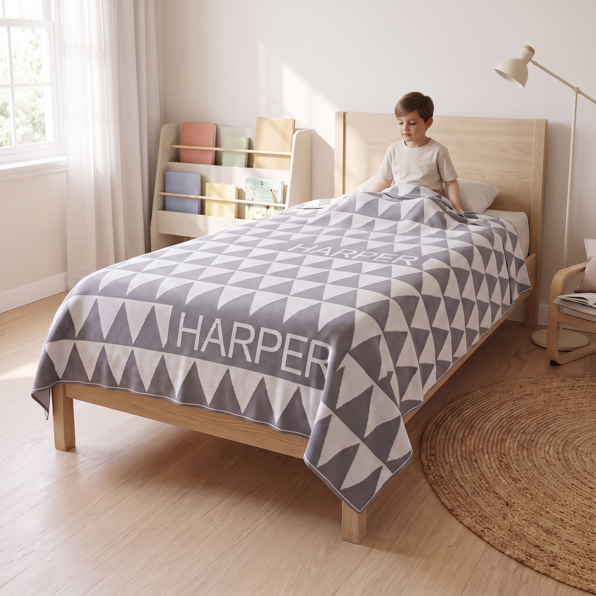 Little Teekie Personalised Single Bed Blanket | Knitted Name, 220 x 165cm Cotton – in use, shows scale