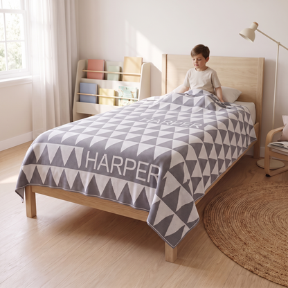 Little Teekie Personalised Single Bed Blanket | Knitted Name, 220 x 165cm Cotton – in use, shows scale