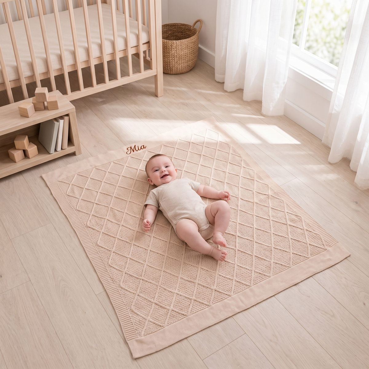 Little Teekie Personalised Diamond Knit Baby Blanket | Embroidered Name, Bassinet Size – Beige – in use, shows scale