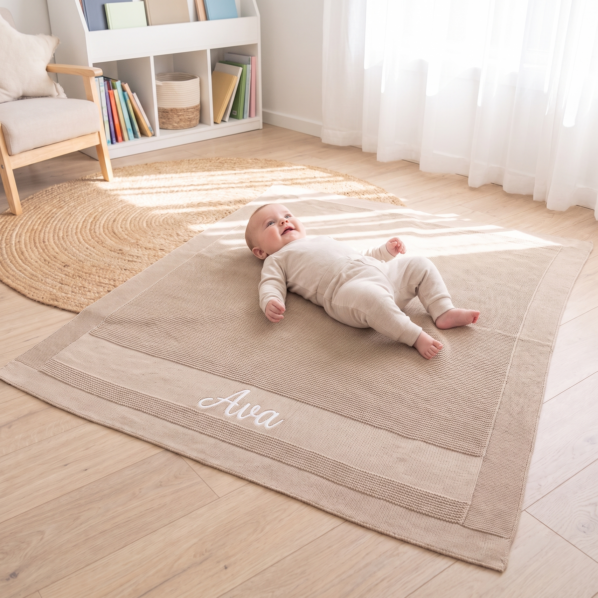Little Teekie Personalised Knitted Baby Blanket | Embroidered Name, 80 x 100cm – Beige – in use, shows scale