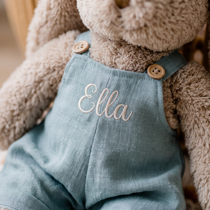 Little Teekie Personalised Bunny Soft Toy | Embroidered Name on Overalls, Plush – Blue – personalisation detail