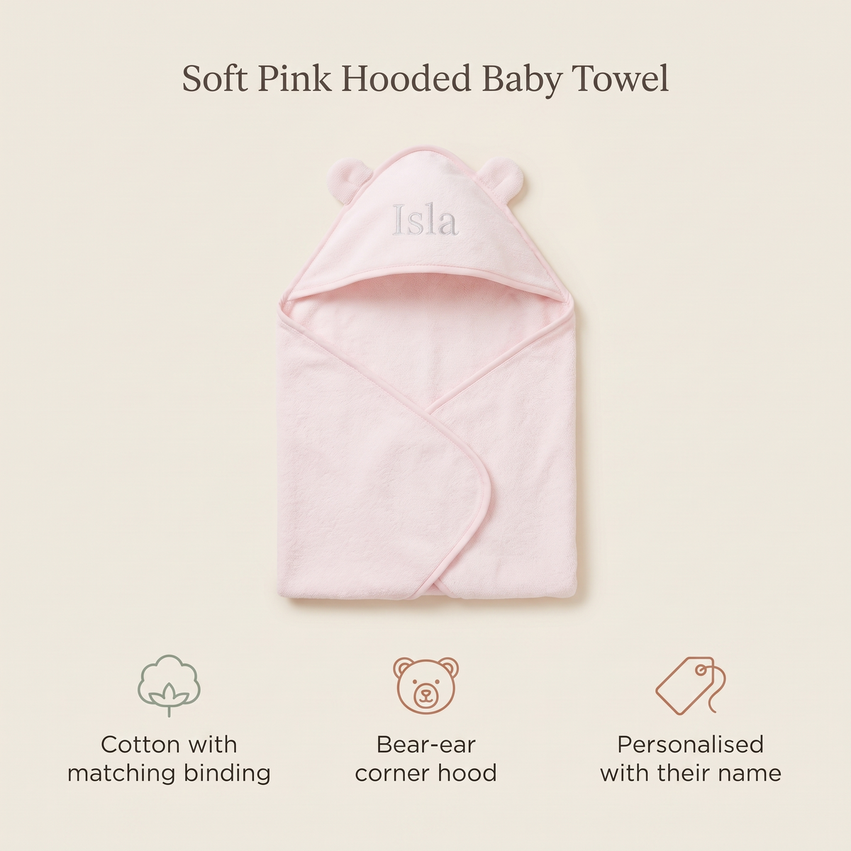 Little Teekie Personalised Small Hooded Towel | Embroidered Name, Bear Ear Hood – Light Pink – key features