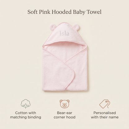 Little Teekie Personalised Small Hooded Towel | Embroidered Name, Bear Ear Hood – Light Pink – key features
