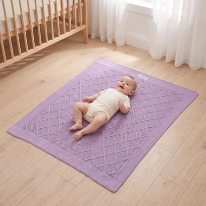 Little Teekie Personalised Diamond Knit Baby Blanket | Embroidered Name, Pure Cotton – Lilac – in use, shows scale