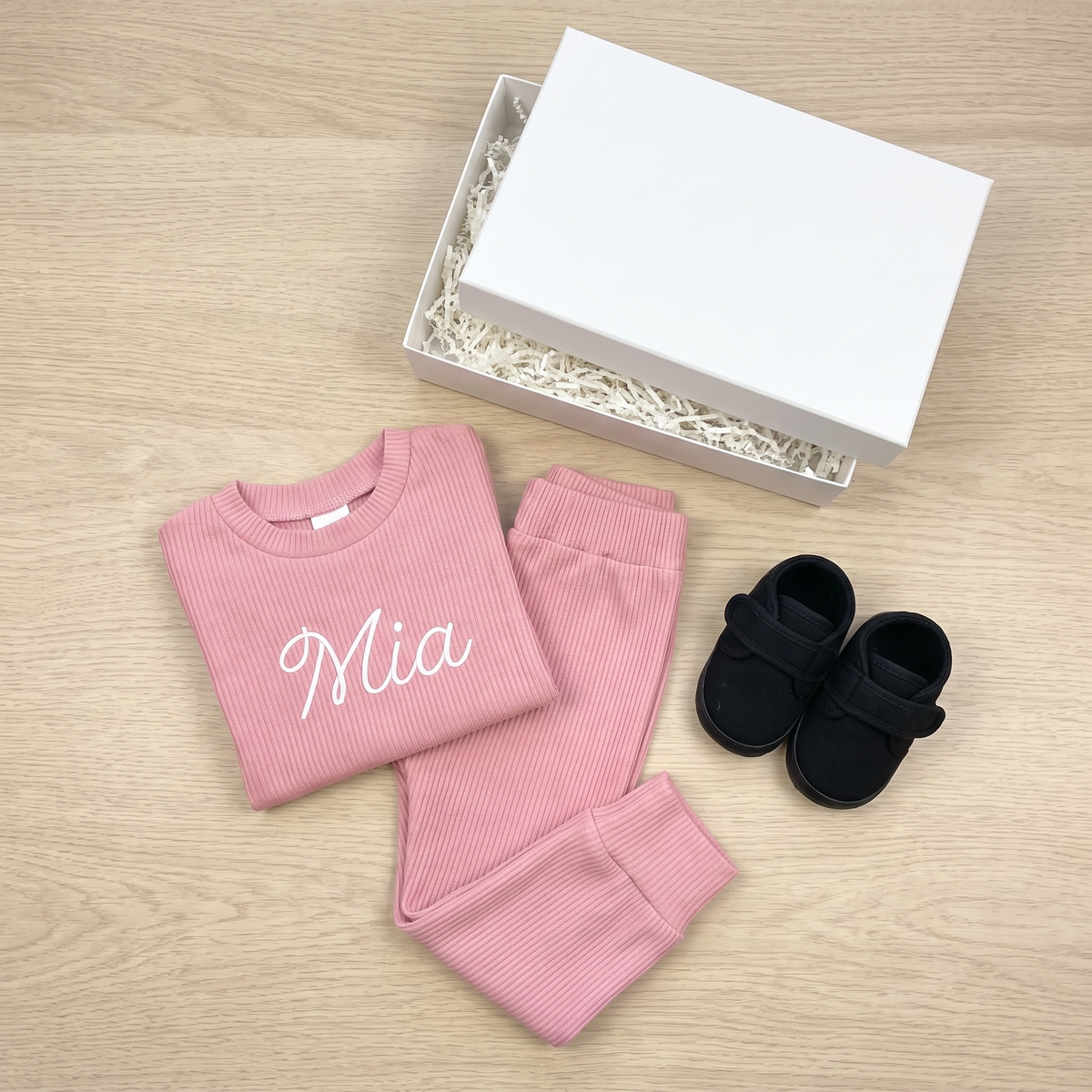 Little Teekie Personalised Baby Gift Set | Ribbed Set, Canvas Shoes & Keepsake Box – Candy Pink – what's included