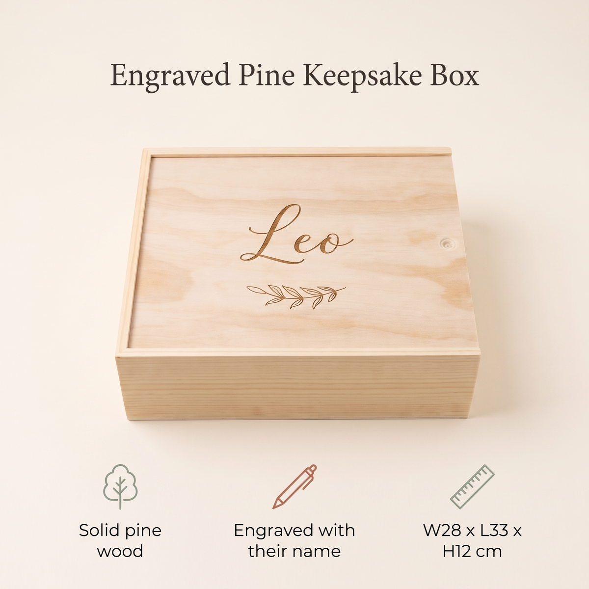 Little Teekie Personalised Keepsake Box | Engraved Name, Foliage Design Pine 33 x 28cm – Natural Pine – key features