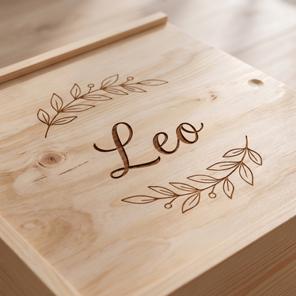 Little Teekie Personalised Keepsake Box | Engraved Name, Foliage Design Pine 33 x 28cm – Natural Pine – personalisation detail