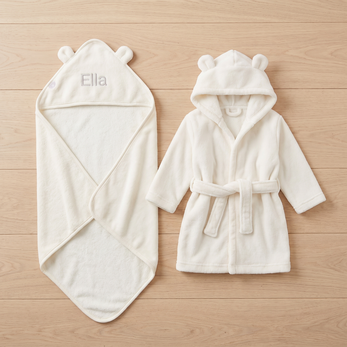 Little Teekie Personalised Hooded Towel & Robe Gift Set | Embroidered Name, Cotton – Ivory – what's included