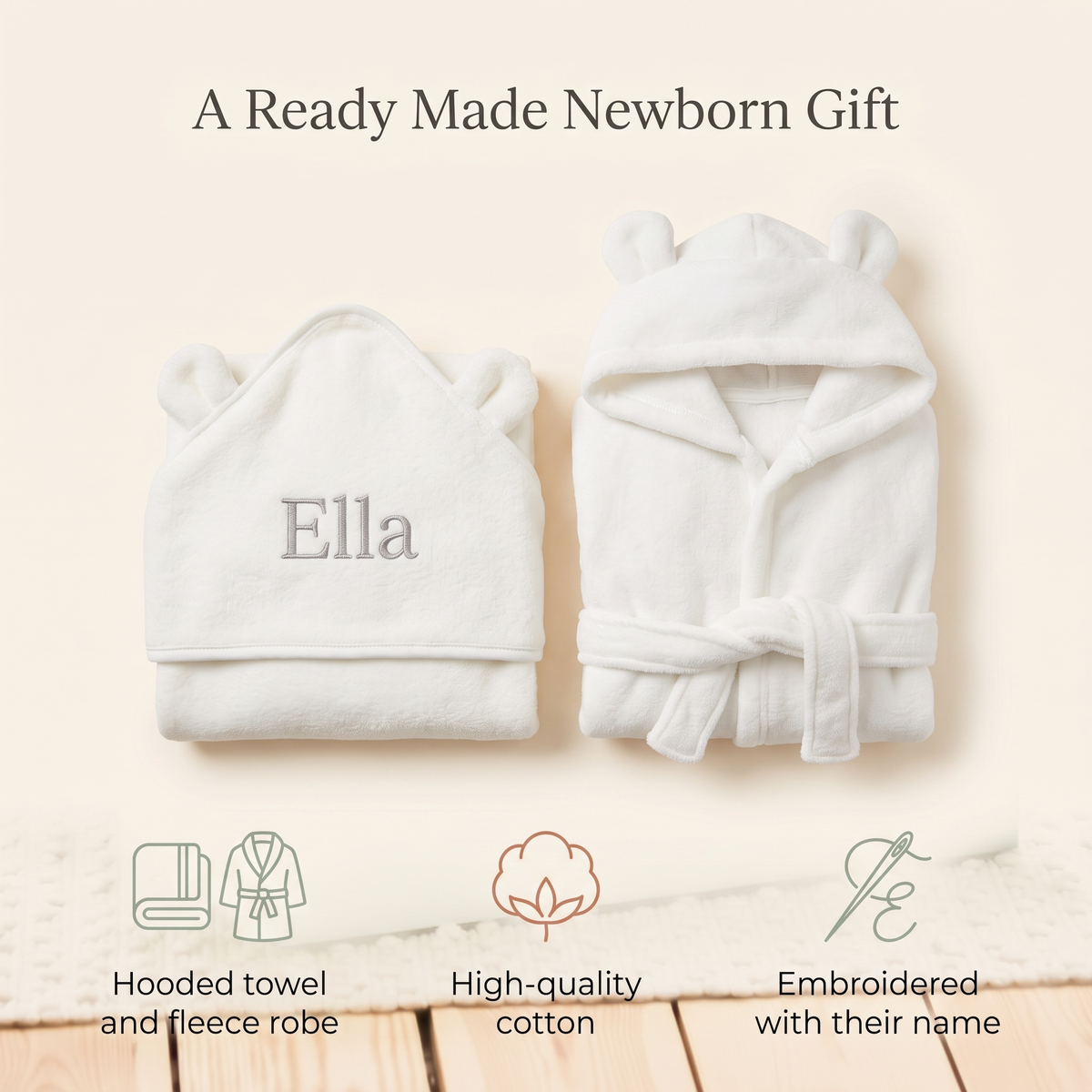 Little Teekie Personalised Hooded Towel & Robe Gift Set | Embroidered Name, Cotton – Ivory – key features