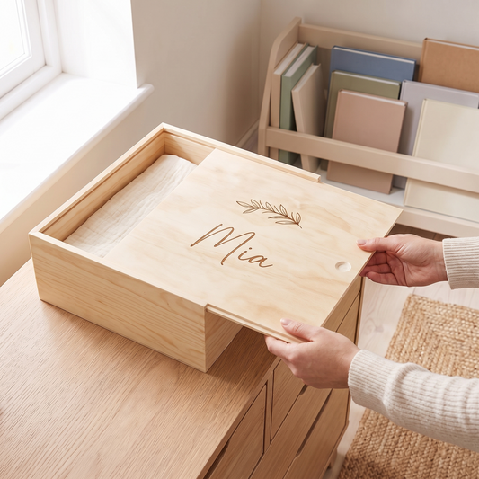 Little Teekie Personalised Keepsake Box | Engraved Name, Leaf Design Sliding Lid – Natural Pine – in use, shows scale