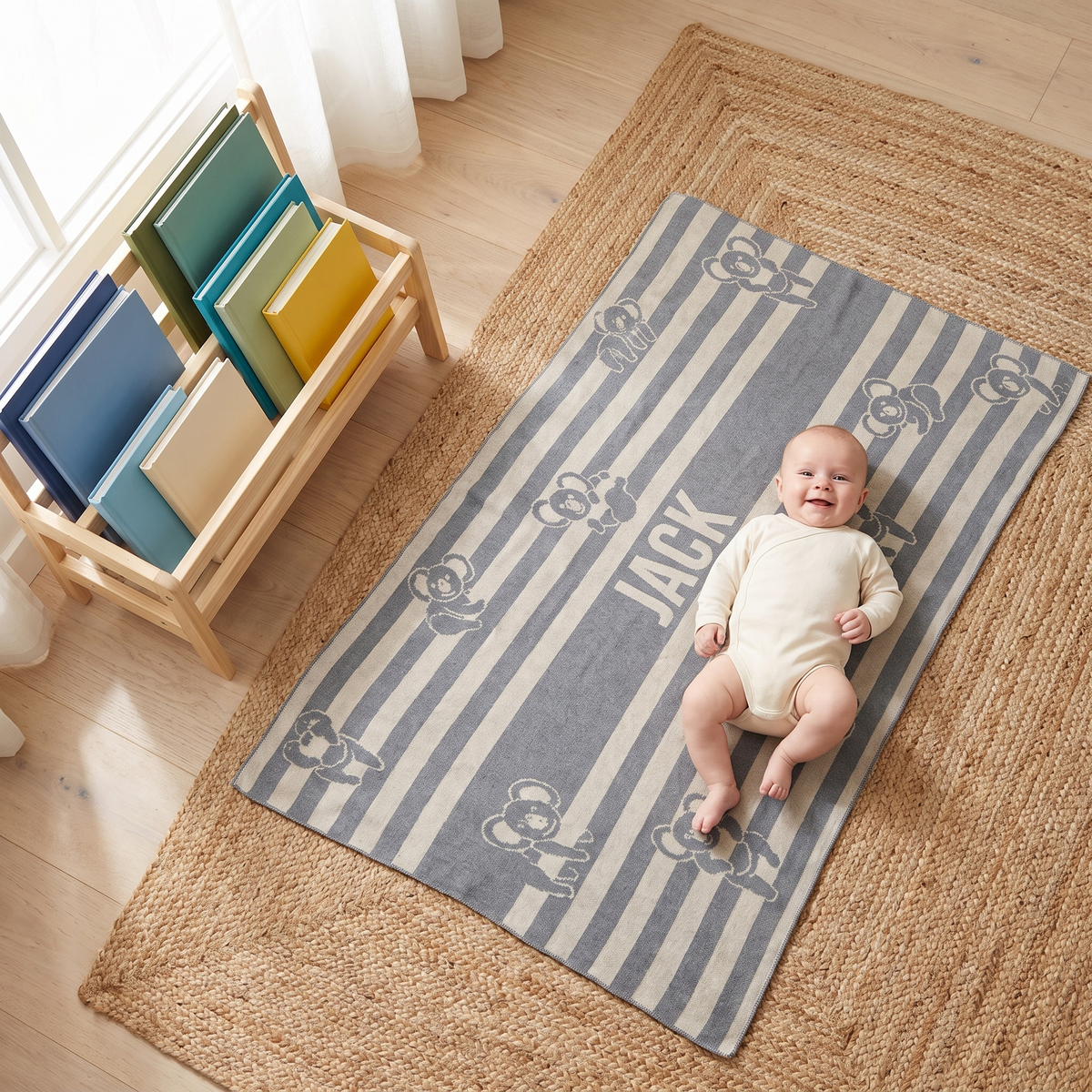 Little Teekie Personalised Koala Knit Baby Blanket | Name Knitted In, 100 x 70cm – Koala Stripe – in use, shows scale