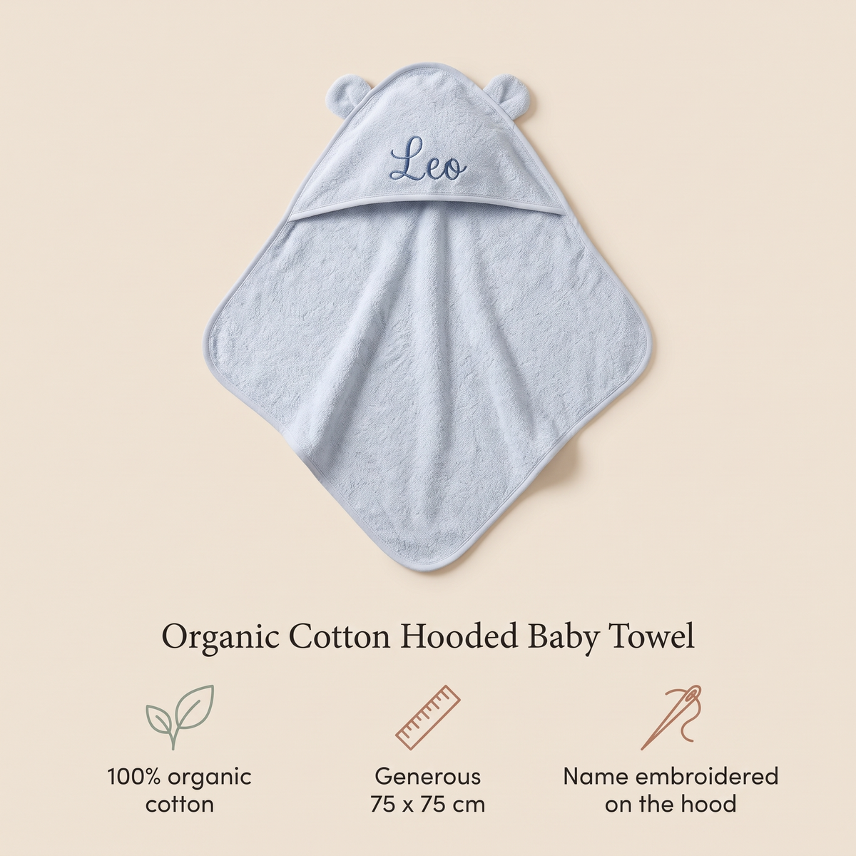 Little Teekie Personalised Hooded Towel | Embroidered Name, Organic Cotton 75 x 75cm – Powder Blue – key features