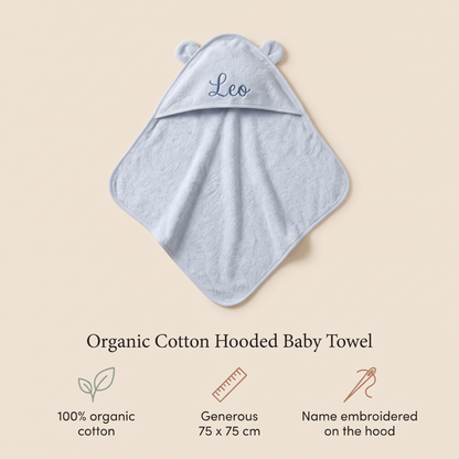 Little Teekie Personalised Hooded Towel | Embroidered Name, Organic Cotton 75 x 75cm – Powder Blue – key features