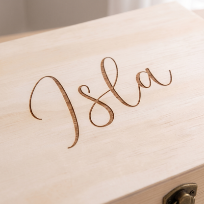 Little Teekie Personalised Large Wooden Keepsake Box | Etched Name, 38 x 29cm Latch Lid – Natural Timber – personalisation detail