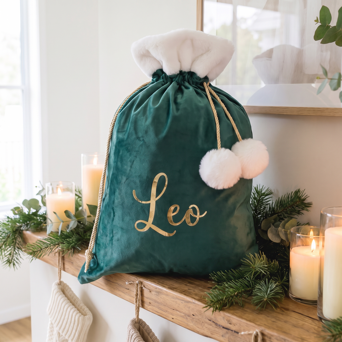 Little Teekie Personalised Pom Pom Santa Sack | Gold Vinyl Name, 50x70cm – White Trim – personalisation detail