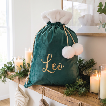 Little Teekie Personalised Pom Pom Santa Sack | Gold Vinyl Name, 50x70cm – White Trim – personalisation detail