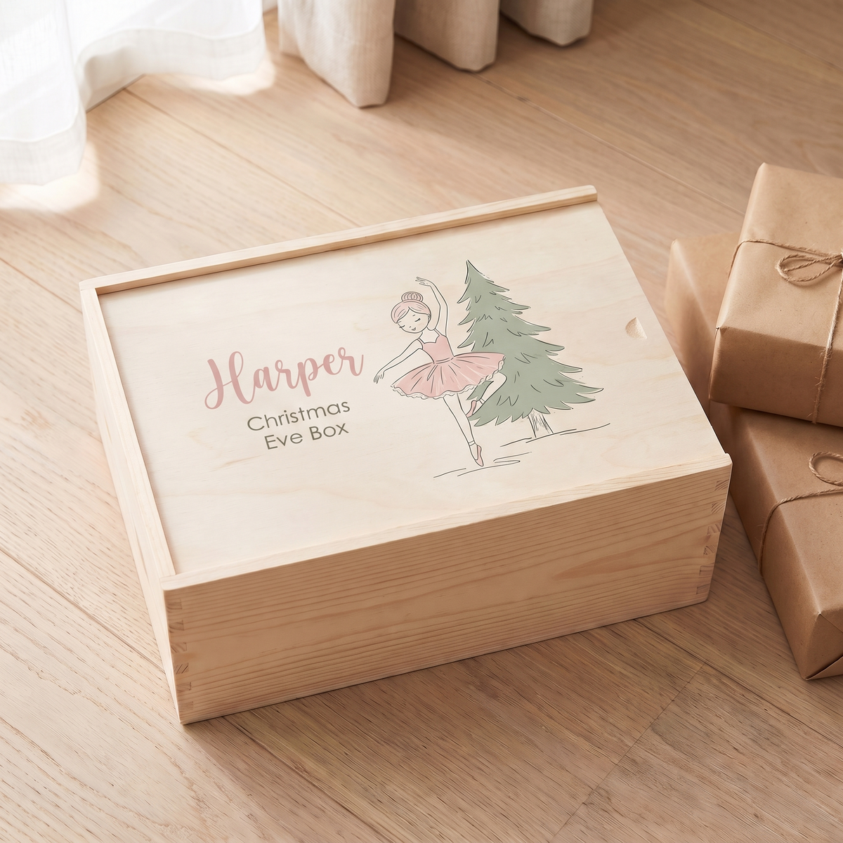 Little Teekie Personalised Christmas Eve Box | Printed Ballerina, 35x25x14cm – Natural Wood – personalisation detail