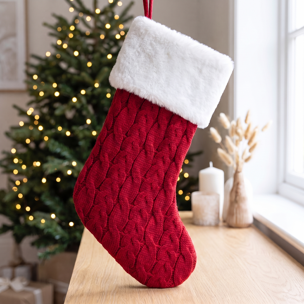 Little Teekie Personalised Knit Christmas Stocking | Embroidered Name, 38x19cm – Red & White – personalisation detail