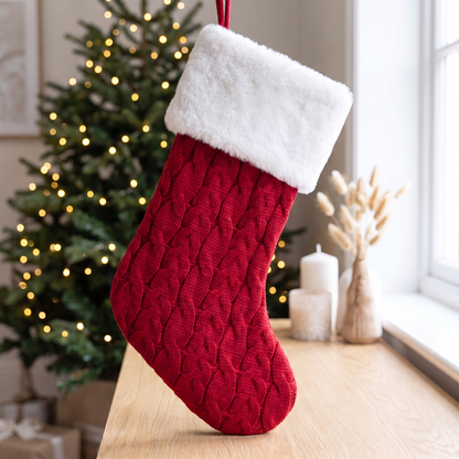Little Teekie Personalised Knit Christmas Stocking | Embroidered Name, 38x19cm – Red & White – personalisation detail