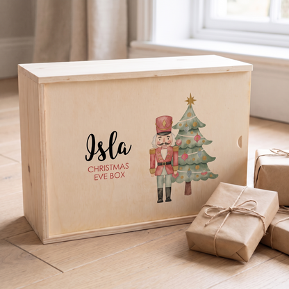 Little Teekie Personalised Christmas Eve Box | Printed Nutcracker, 35x25x14cm – Natural Wood – personalisation detail