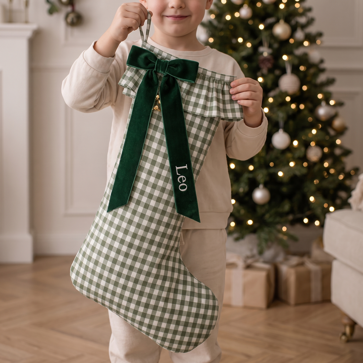 Little Teekie Personalised Gingham Christmas Stocking | Velvet Bow Name, 49x32cm – Green – in use, shows scale