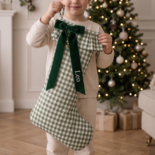 Little Teekie Personalised Gingham Christmas Stocking | Velvet Bow Name, 49x32cm – Green – in use, shows scale