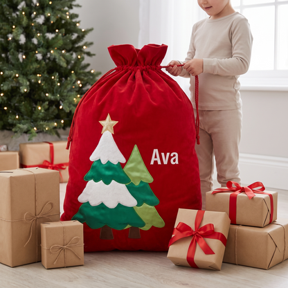 Little Teekie Personalised Deluxe Santa Sack | Appliqued Santa, 60x85cm – Red Velvet – in use, shows scale