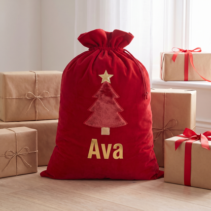 Little Teekie Personalised Deluxe Santa Sack | Appliqued Santa, 60x85cm – Red Velvet – personalisation detail