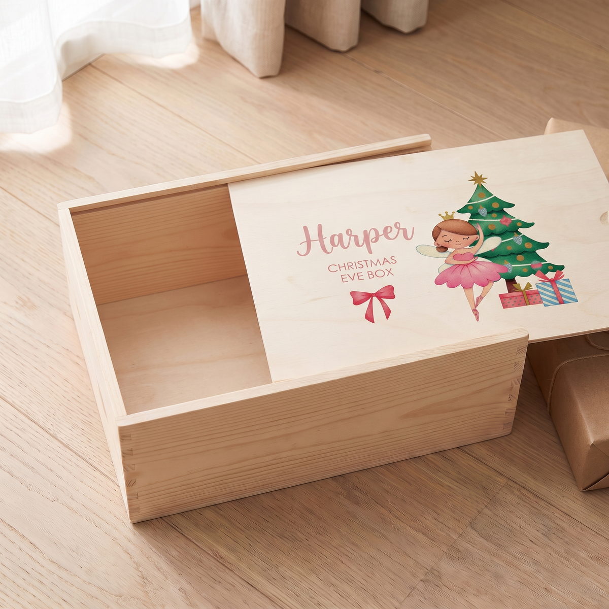 Little Teekie Personalised Christmas Eve Box | Printed Ballerina, 35x25x14cm – Natural Wood – what's included