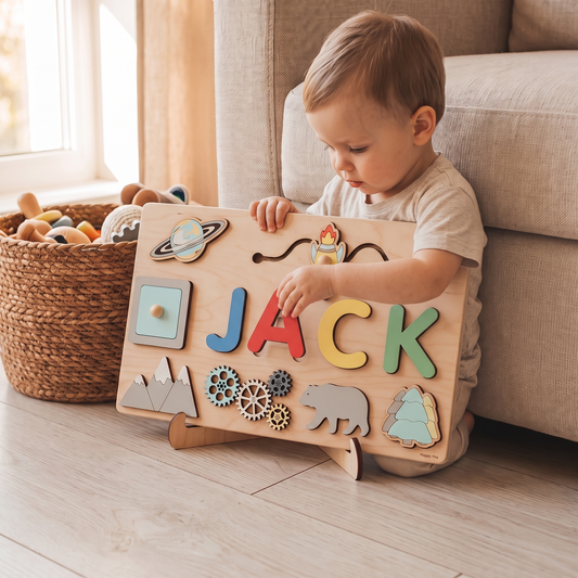 Little Teekie Personalised Wooden Name Puzzle | Engraved Message, Board with Stand – Assorted Colours – in use, shows scale