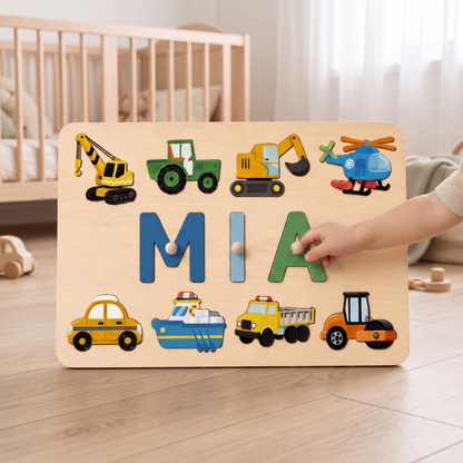 Little Teekie Personalised Vehicle Name Puzzle | Easy-Grip Letters, 22cm Board – Classic Colour – in use, shows scale