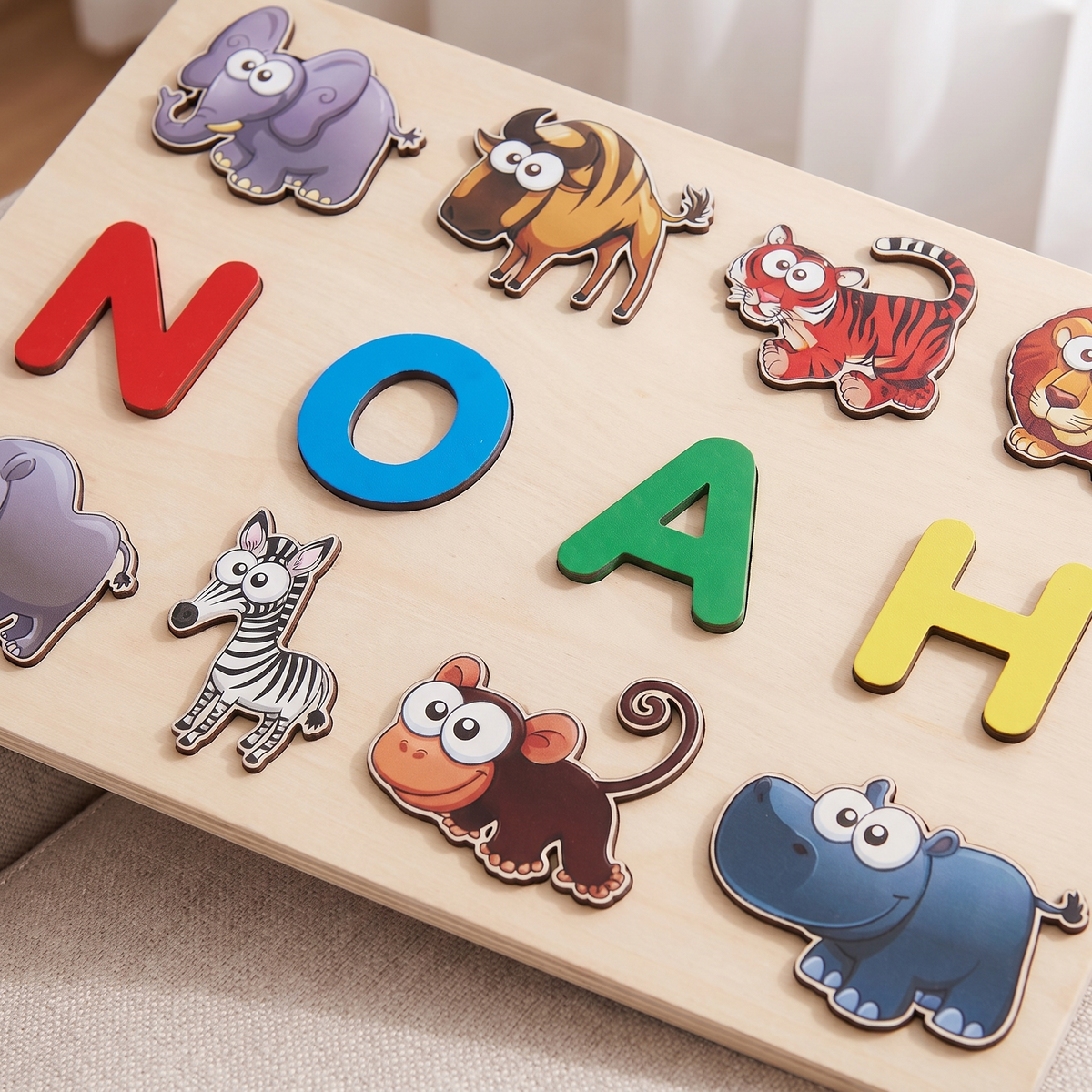 Little Teekie Personalised Safari Animal Name Puzzle | Up to 9 Letters, Birch Plywood – Multicolour – personalisation detail